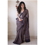 Handloom tussar silk saree in natural dyed handblock ajrak print.