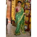 Handwoven Chanderi pattu silk saree with jari and silk thread meenakari motif