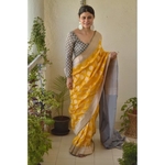 Handwoven katan silk banarasi saree with handwoven motifs.