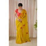 Handloom handembroidered organza resham silk saree enhanced with beads scallops.