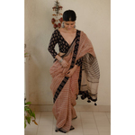 Hand block printed and natural dyed kota doria saree with natural dyed Ajrakh patch work border and tassel.
