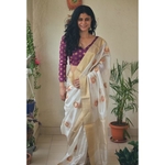 Handwoven chanderi silk saree with gold border and gold jari meenakari motifs