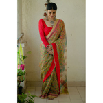 Kota silk saree in natural dyed handblock print with organza silk/chiffon silk patch work border.
