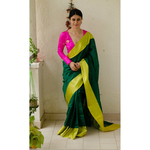 Handloom soft pattu silk with wide pattu silk border and jari stripes in the pallu. Description - Handloom pattu silk saree