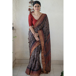Handloom tussar silk saree in natural dyed handblock print.