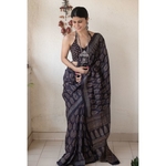 Handloom tussar silk saree in natural dyed handblock ajrak print.