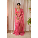 Handloom handembroidered chanderi tissue silk saree enhanced with resham thread scallops.