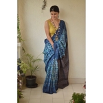 Handwoven and handmade Tussar silk saree in shibori with Ajrakh design pallu