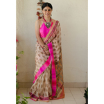 Kota silk saree in natural dyed handblock print with organza silk/chiffon silk patch work border.