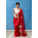 Handloom handembroidered organza resham silk saree enhanced with zari scallops.