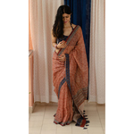 Hand block printed and natural dyed kota doria saree with natural dyed Ajrakh patch work border and tassel.