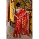 Handwoven Chanderi cotton silk saree with jaal khadiyal jari motif in silver and gold jari motif.