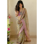 Kota silk saree in natural dyed handblock print with organza silk/chiffon silk patch work border.