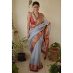 Handwoven Chanderi silk saree with motif border and meenakari bootis