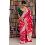 Handloom Katan Banarasi silk saree with floral woven motifs.