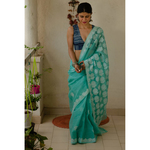 Handembroidered chikankari kota doria cotton saree.