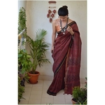 Ajrakh Handblock print handwoven linen saree with jari border.