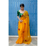 Handloom handembroidered organza resham silk saree enhanced with zari scallops.