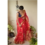 Handwoven Chanderi Pattu silk saree with silk motif and Jari border