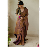 Handloom Metallic linen with inside patch borders in raw silksatin silkcrepe silk.