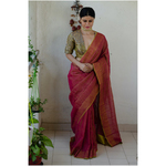 Handloom Metallic linen with inside patch borders in raw silk/satin silk/crepe silk.