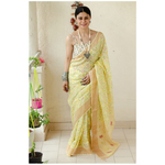 Handblocked printed handloom linen by linen saree with goldsilver zari border.