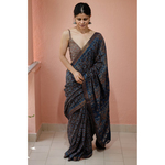 Handblock printed and handmade processed natural dyed mangalgiri cotton Ajrakh saree.