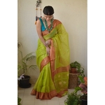 Handwoven Chanderi silk saree with meena i bootis motif and border.
