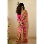 Kota silk saree in natural dyed handblock print with organza silk/chiffon silk patch work border.