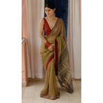 Hand block printed and natural dyed kota doria saree with natural dyed Ajrakh patch work border and tassel.
