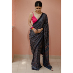 Handblock printed and handmade processed natural dyed gajji silk Ajrakh saree.