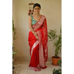 Handwoven kadwa chiffon banarasi saree with silver jari.