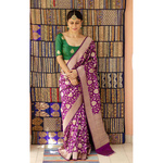 Handloom Katan Banarasi silk saree with woven motifs.