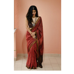 Handblock printed and handmade processed natural dyed mangalgiri cotton Ajrakh saree.