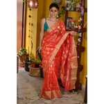 Handwoven Chanderi cotton silk saree with jaal khadiyal jari motif in silver and gold jari motif.