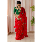Handloom handembroidered organza resham silk saree enhanced with resham thread scallops