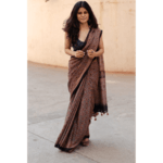 Natural dyed intricate handblock printed Ajrakh chiffon silk saree.