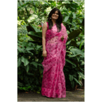 Organic colour dyed and organic processed handblock print organza silk saree