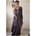 Handloom tussar silk saree in natural dyed handblock ajrak print.