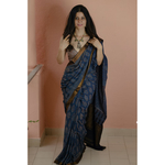 Handblock printed and handmade processed natural dyed mangalgiri cotton Ajrakh saree.