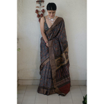 Handloom tussar silk saree in natural dyed handblock print.
