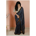 Handblock printed and handmade processed natural dyed mangalgiri cotton Ajrakh saree.