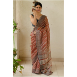 Hand block printed and natural dyed kota doria saree with natural dyed Ajrakh patch work border and tassel.