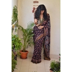 Ajrakh Handblock print mangalgiri cotton saree with jari border.