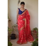 Handwoven Chanderi pattu silk saree with meenakari bootis motif and border.