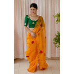Handloom handembroidered organza resham silk saree enhanced with beads scallops.