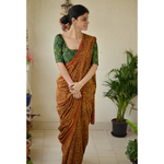 Handblock printed and handmade natural dyed Crepe silk Ajrakh saree.