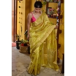 Handwoven Chanderi pattu silk saree with jari and silk thread meenakari motif