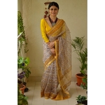 Handblock Printed Kota Silk Saree with handwoven organza natural dyed patch work border.