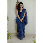 Hand block printed kota doria saree with hand embroidered.